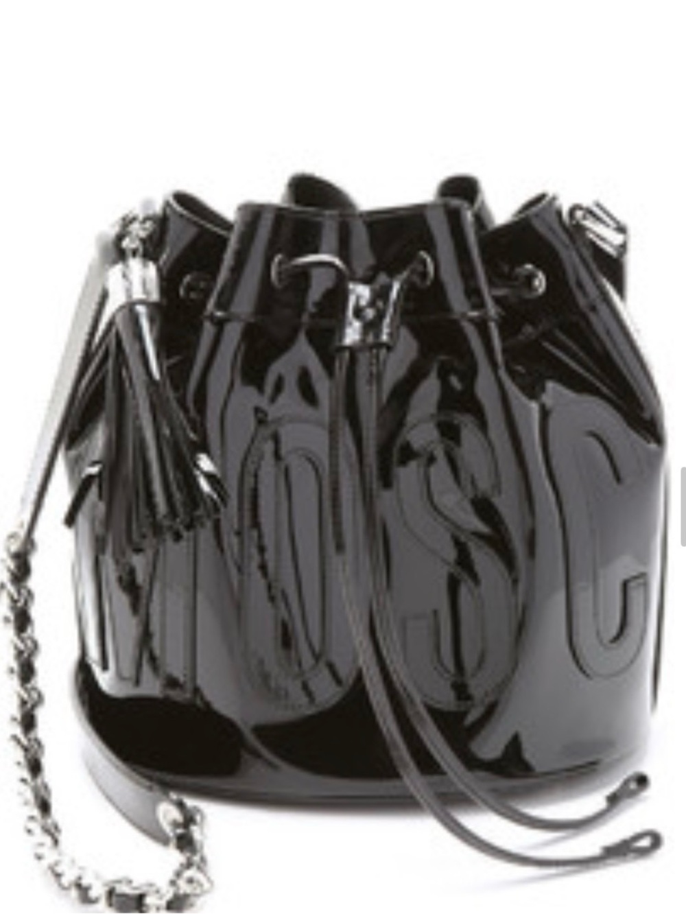 Moschino Black Patent Leather Drawstring Shoulder Bag with Chain Strap